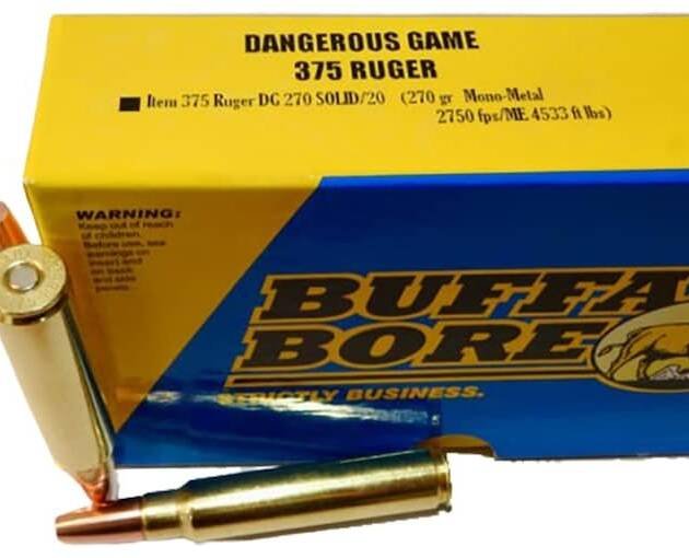 Buffalo Bore Dangerous Game 375 Ruger Ammo 270 Grain Lehigh Solid Wide Flat Nose Lead Free Box of 200