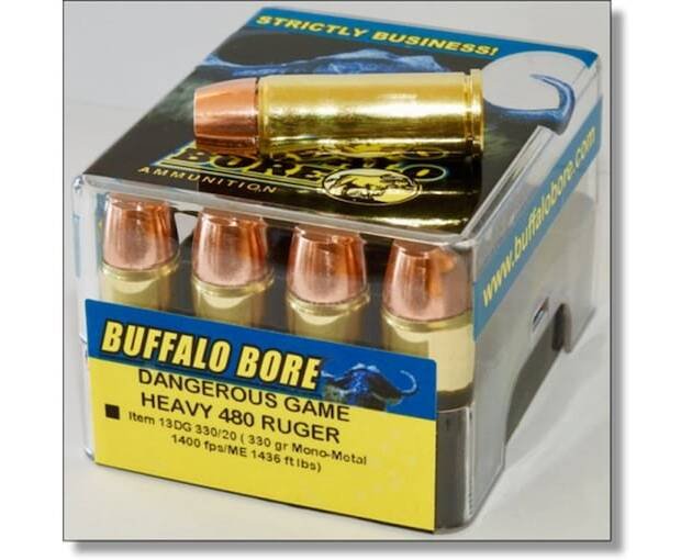 Buffalo Bore Dangerous Game 480 Ruger Ammo 330 Grain Lehigh Match Solid Flat Nose Lead Free Box of 250