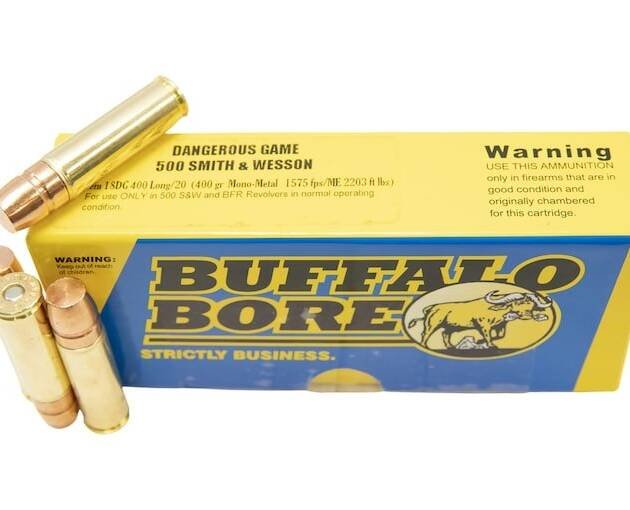 Buffalo Bore Dangerous Game 500 S&W Magnum Ammo 400 Grain Lehigh Match Solid Flat Nose Lead Free Box of 200